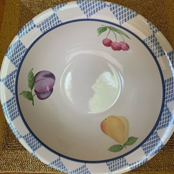 Pfaltzgraff Bowl, Hopscotch blue gingham with fruit pattern farmhouse country - Picture 5 of 9